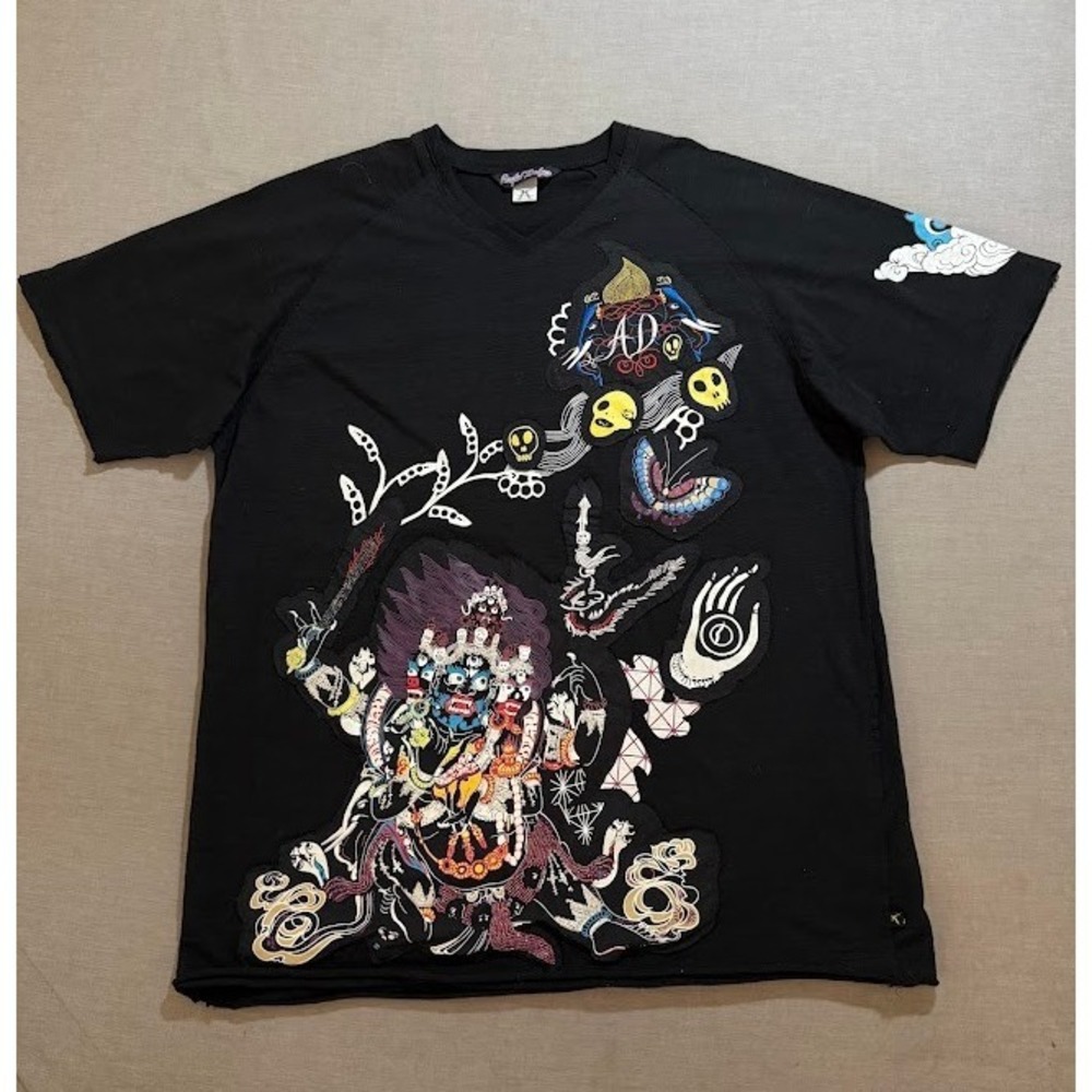 Artful Dodger Mens Graphic‎ Tee Black V Neck Skull Dragon Patch Tattoo Mens XL
